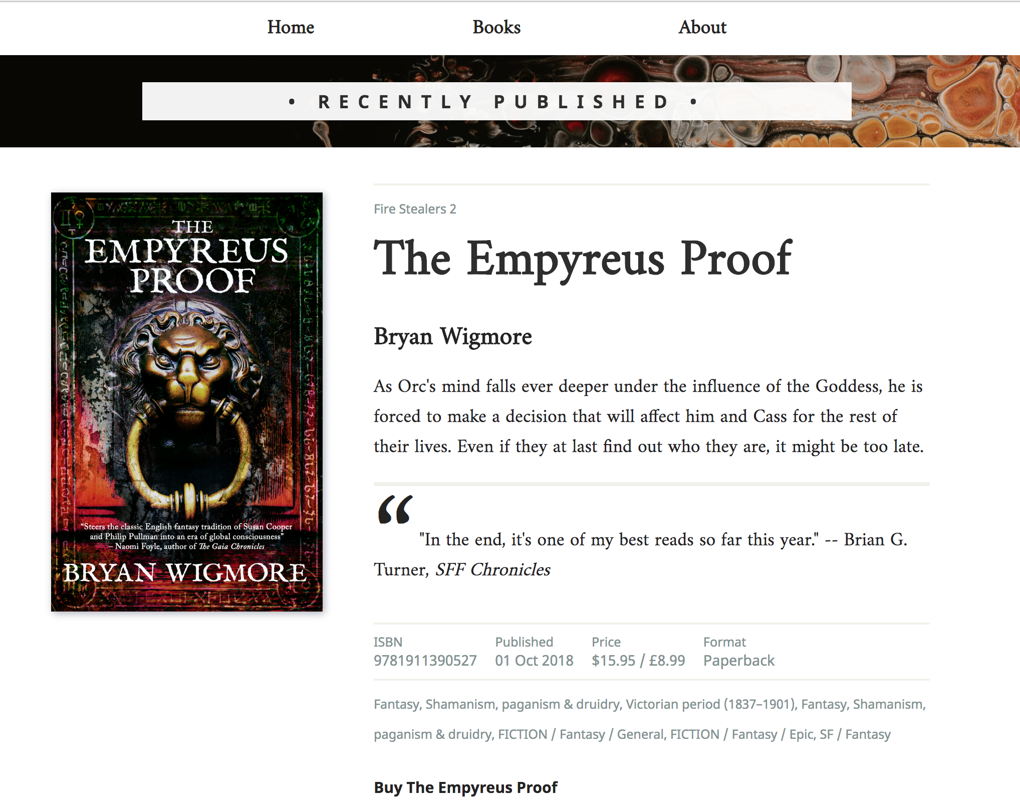 A screenshot of a really nicely laid out book page, with pricing, subject metadata, a well-designed cover, the blurb, the author names and the series, too, with a review quote.
